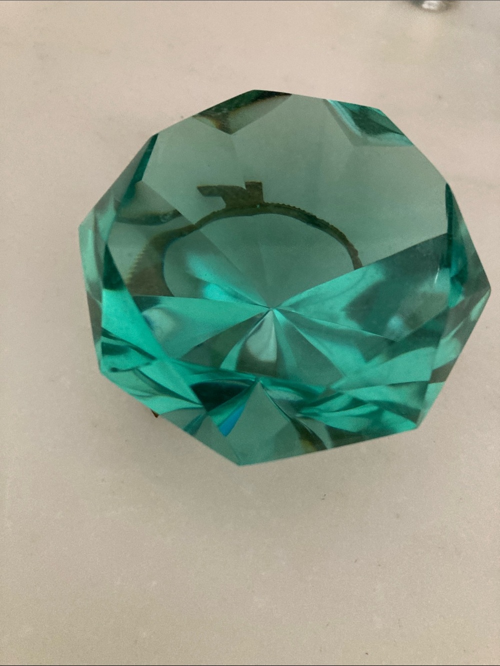 Stunning, green glass, diamond cut paper, weight, or decor with stand